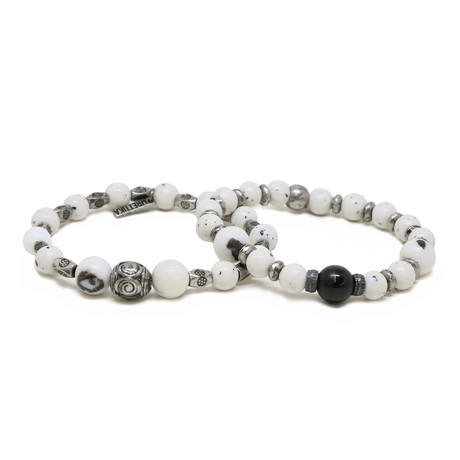 Dalmatian Jade Beaded Bracelet Set // Silver Ox