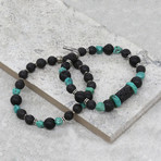 Raw Stone Lava Bead + Elastic Beaded Bracelet Set // Blue + Black
