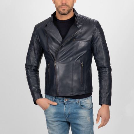 Asymmetrical Zip-Up Leather Jacket // Navy (S)
