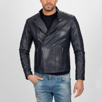 Asymmetrical Zip-Up Leather Jacket // Navy (3XL)