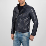 Asymmetrical Zip-Up Leather Jacket // Navy (XL)