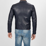 Asymmetrical Zip-Up Leather Jacket // Navy (XL)