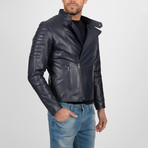 Asymmetrical Zip-Up Leather Jacket // Navy (2XL)