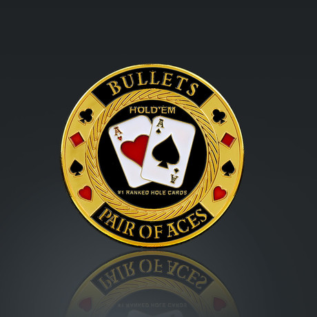 24K Gold Plated Poker Chip Card Guard // Bullets Pair Of Aces