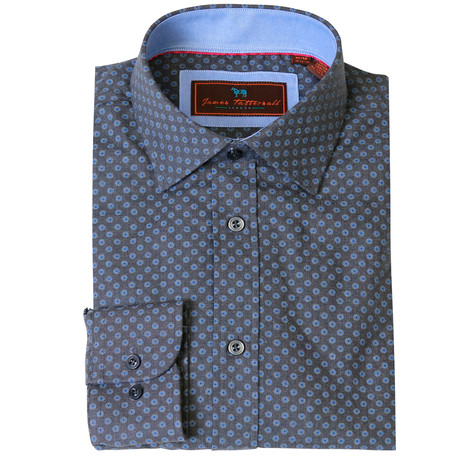 Woven Button Up Dots Shirt // Gray + Blue (S)
