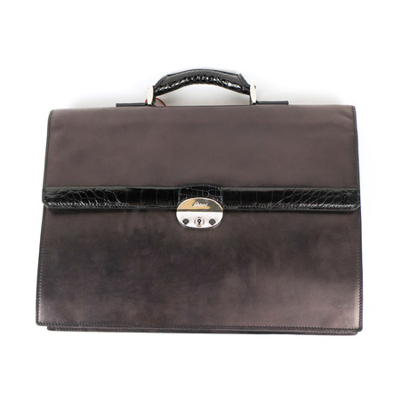Brioni // Leather + Crocodile Attaché Briefcase Bag // Black