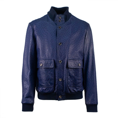 Brioni // Ostrich Leather Bomber Jacket // Navy Blue (Euro: 40)