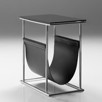 Cor Magazine Rack Black // Tempered Glass Black Leather Magazine Sling + Polished Stainless Steel