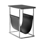 Cor Magazine Rack Black // Tempered Glass Black Leather Magazine Sling + Polished Stainless Steel