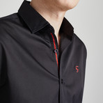 Satin Finish Slim Fit Contrast Placket Shirt // Black (L)