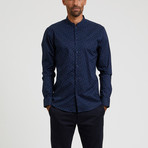 Grandad Collar + Polka Dot Print Shirt // Navy + Dark Blue (L)