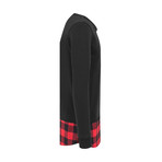 Long Flannel Bottom Open Edge Crewneck // Black + Black + Red (XL)
