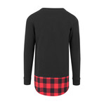 Long Flannel Bottom Open Edge Crewneck // Black + Black + Red (S)