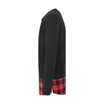 Long Flannel Bottom Open Edge Crewneck // Black + Black + Red (S)