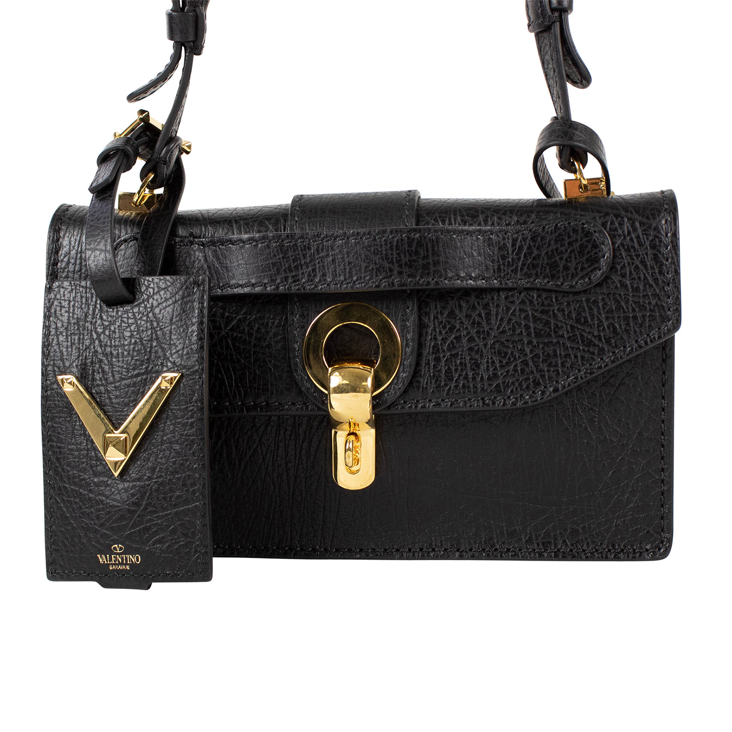 Black Gold Rockstud Leather With Chain Strap Cross Body Bag - Valentino - Touch of Modern