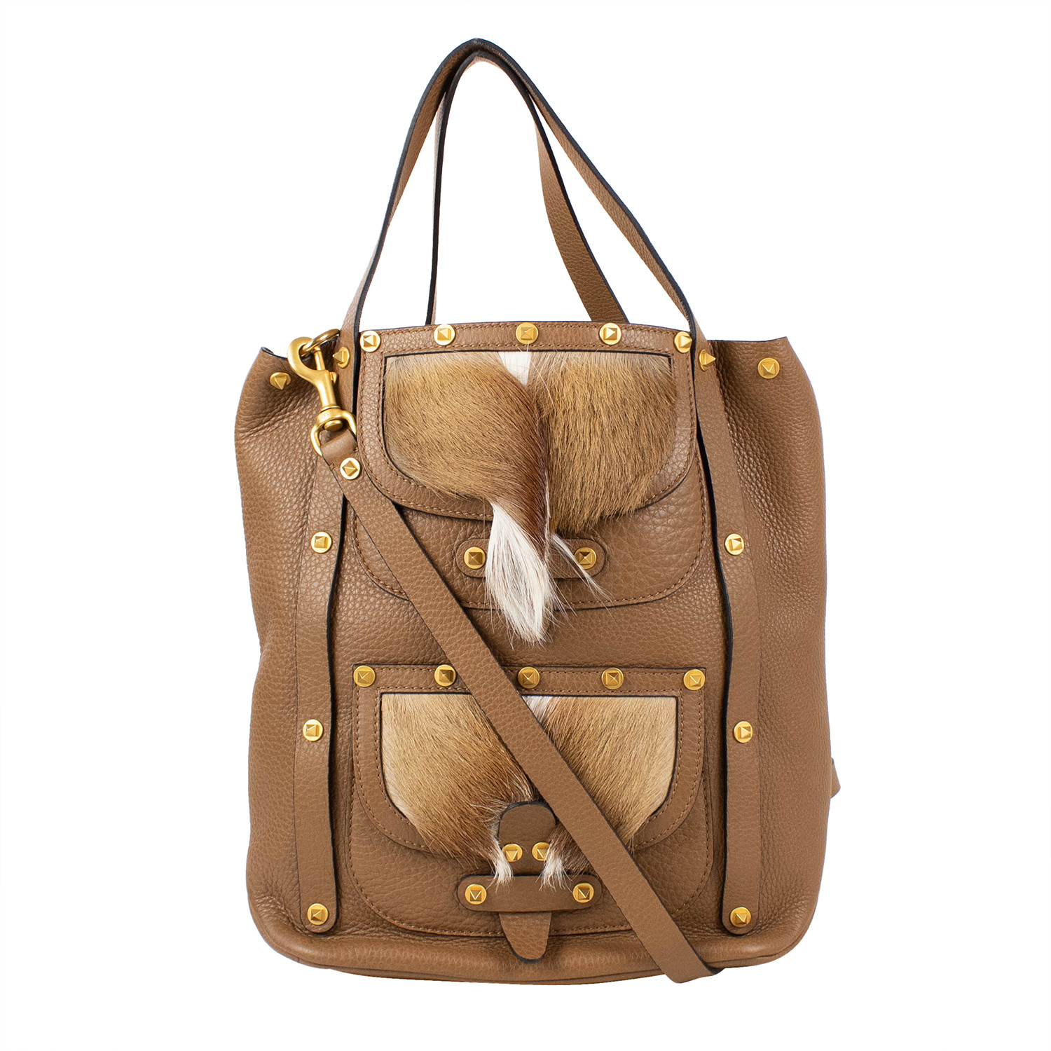 Valentino // Fur Pocket Rockstud Double Handle Leather Tote Bag // Brown - Designer Handbags ...