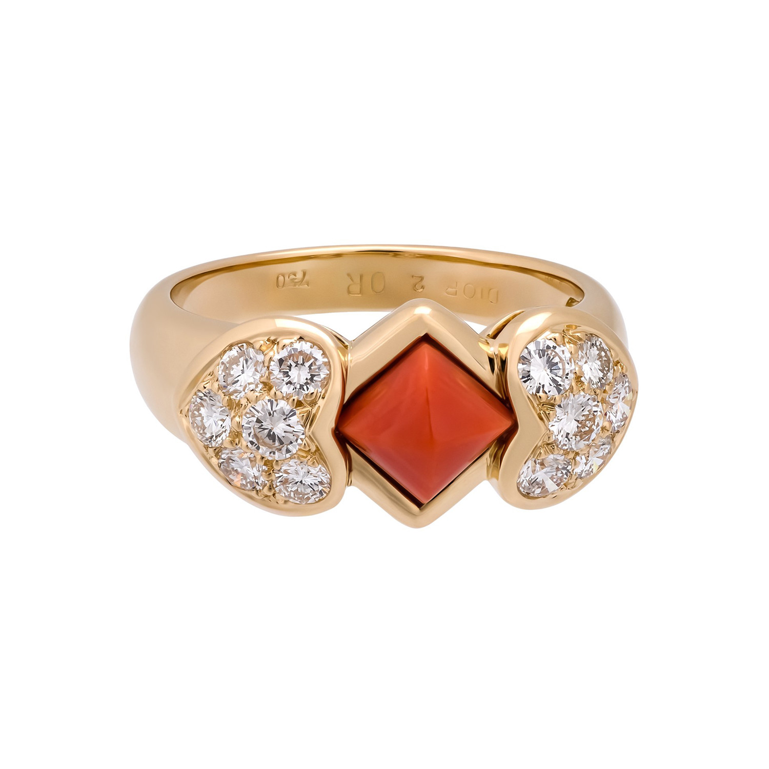 Vintage Christian Dior 18k Yellow Gold Coral + Diamond Ring // Ring