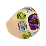 Vintage Chanel 18k Yellow Gold + Purple Amethyst + Green Peridot Aquamarine Ring // Ring Size: 4