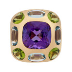 Vintage Chanel 18k Yellow Gold + Purple Amethyst + Green Peridot Aquamarine Ring // Ring Size: 4