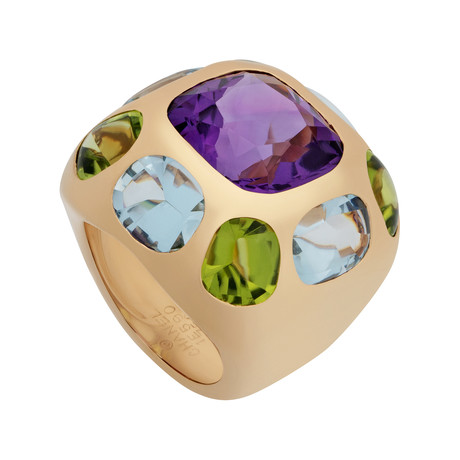 Vintage Chanel 18k Yellow Gold + Purple Amethyst + Green Peridot Aquamarine Ring // Ring Size: 4