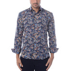 Indian Paisley Design Print Long-Sleeve Button-Up // Navy Blue (L)