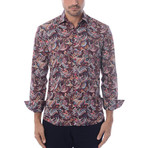 Indian Paisley Print Long Sleeve Button-Up // Red (M)
