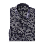 Leaves Design Long-Sleeve Button-Up // Navy Blue (XS)