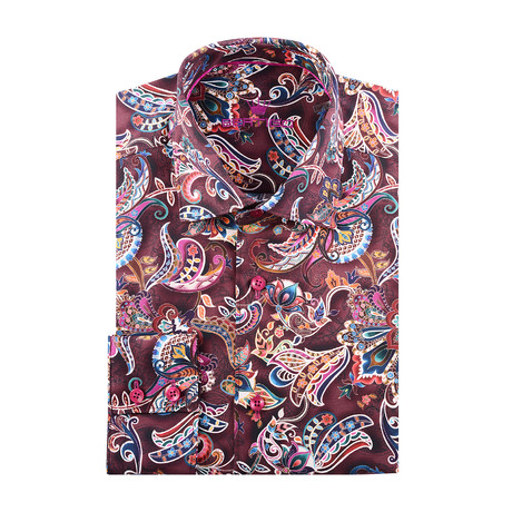 Indian Paisley Print Long Sleeve Button-Up // Red (XS)