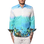Tropical Sky Print Long-Sleeve Button-Up // Turquoise (S)