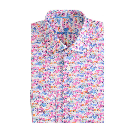 Old Cars Print Long-Sleeve Button-Up // Pink (XS)