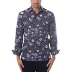 Cube + Shapes Abstract Print Long-Sleeve Button-Up // Navy Blue (XL)