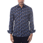 Fall Leaves Long-Sleeve Button-Up // Navy Blue (L)