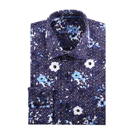 Cube + Shapes Abstract Print Long-Sleeve Button-Up // Navy Blue (XS)
