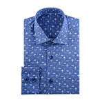 Airplane Print Long-Sleeve Button-Up // Navy Blue (3XL)