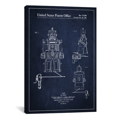 Toy Robot Navy Blue Patent Blueprint // Aged Pixel (26"W x 18"H x 0.75"D)