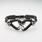 Skull Braided Double Strand Leather Bracelet // Black + Silver