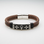 Antiqued Skull ID + Braided Leather Bracelet // Brown + Silver