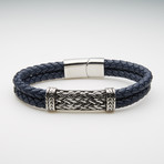 Antiqued ID Double Braided Leather Bracelet // Blue + Silver