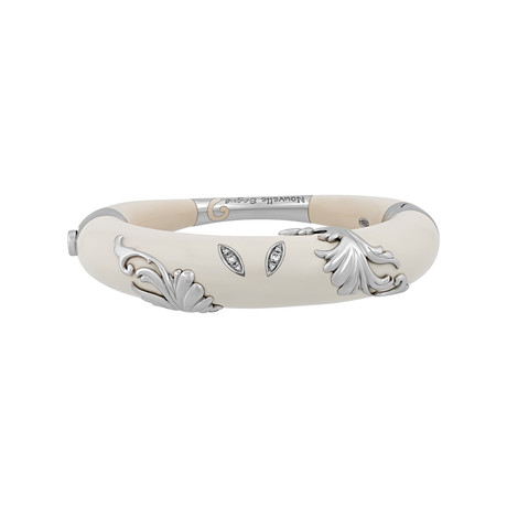 Nouvelle Bague Foglie d' Acanto 18k White Gold Diamond White Enamel Bangle Bracelet // 6.75"