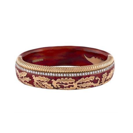 Nouvelle Bague Foglie d'Acanto 18k Rose Gold Diamond Red Enamel Bangle Bracelet // Size 6.5