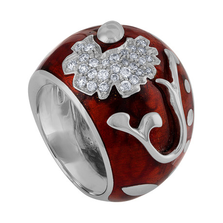 Nouvelle Bague Foglie d'Acanto 18k White Gold Diamond Red Enamel Ring // Size 7