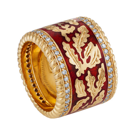 Nouvelle Bague Foglie d'Acanto 18k Yellow Gold Diamond Red Enamel Ring // Size 7
