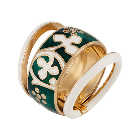 Nouvelle Bague Semi d'Amore 18k Rose Gold Diamond Green + White Enamel Ring // Size 7.25