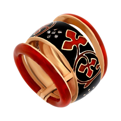 Nouvelle Bague 18k Rose Gold Diamond Black + Orange Enamel Ring // Size 6.5