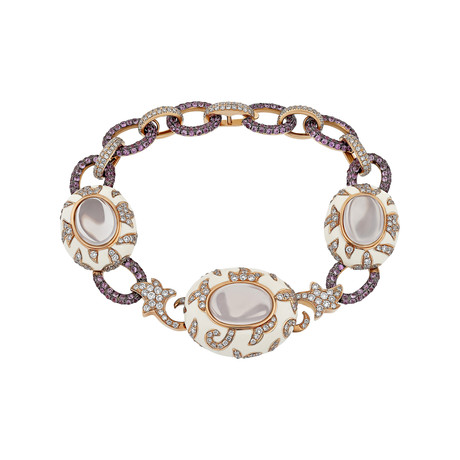 Nouvelle Bague 18k Rose Gold Diamond Sapphires Quartz White Enamel Bracelet // 6.5"