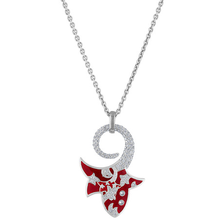 Nouvelle Bague Petali 18k White Gold Diamond Red Enamel Pendant Necklace // 16"