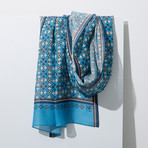 Buddhist Floral Wool + Silk Blend Scarf // Blue