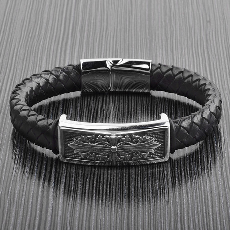 Antiqued Nordic ID Braided Leather Bracelet // Black
