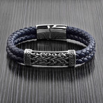 Antiqued ID Double Braided Leather Bracelet // Blue + Silver