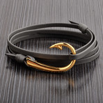 Hook Clasp + Leather Adjustable Wrap Bracelet (Gray + Gold)